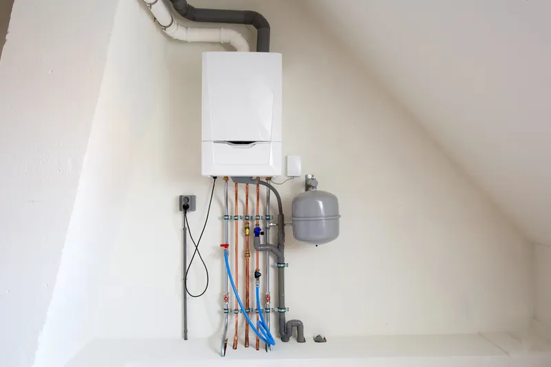 Chaudière murale gaz installée avec vase d'expansion et raccordements
